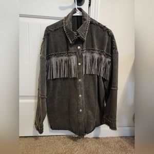 Black denim studded fringe jacket